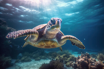 turtle swimming in the deep sea, underwater photography