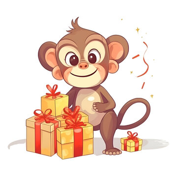 Cartoon monkey with gifts. Vector illustration isolated on white background.