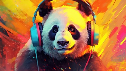 Adorable panda bear wearing stylish headphones immersed in a world of vibrant and colorful hues. The playful combination of the panda, headphones, and vibrant colors © Photo And Art Panda