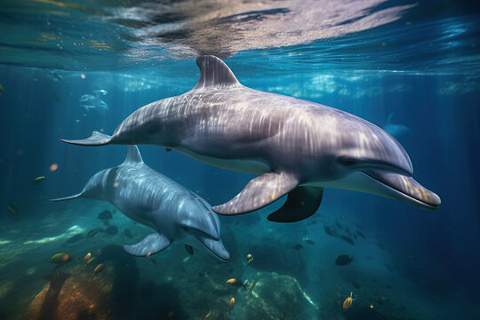 dolphins swimming, underwater photography