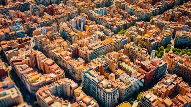 Aerial view of apartment buildings in the city of Barcelona. Generative ai