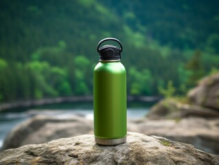 Water bottle close up, outdoor concept, nature background