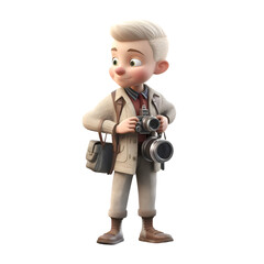 3D rendering of a cartoon photographer with a camera isolated on white background