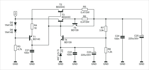 Engineer scheme of electronic device. 
Vector drawing electrical circuit with 
resistor, capacitor, diode, transistor 
and other components.
Schematic background on white paper sheet.