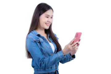 Sweet woman in denim shirt using smartphone. Isolated on white background