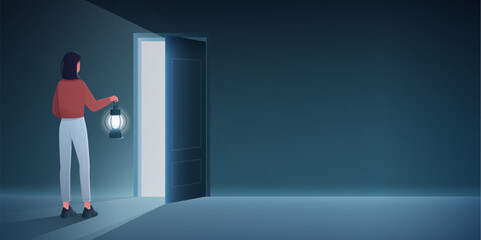 Fototapeta premium Step into unknown future ahead concept vector illustration. Cartoon girl standing at open entrance door alone, woman with lamp moving from shadow of dark room to bright light inside doorway on wall