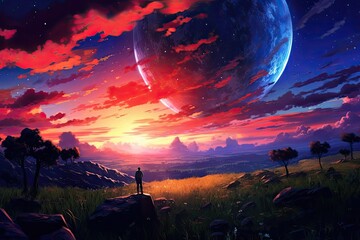 An anime-inspired picture captures the beauty of a serene sunset, with warm hues painting the sky, creating a breathtaking and tranquil scene