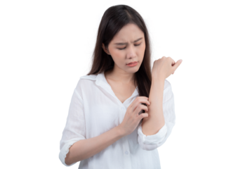 sweet woman use hands to scratch your arms due to itching. Isolated on white background