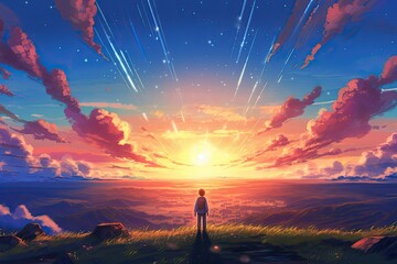 An anime-inspired picture captures the beauty of a serene sunset, with warm hues painting the sky, creating a breathtaking and tranquil scene