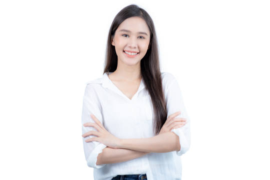 sweet woman with a smiling face and embrace, press gestures to show confidence.Isolated on white background