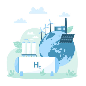 Green Hydrogen Production And Storage, Renewable Energy Technology For Zero Emissions Vector Illustration. Cartoon Power Plant, Eco Solar Panel And Windmill To Produce Electricity For Planet Earth