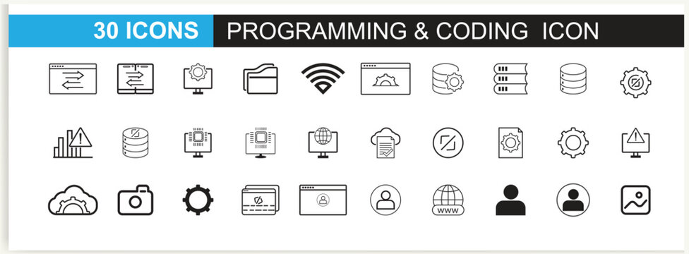 Developer icon set. Included the icons as code, programmer coding, mobile app, API, node connect, flow, logic, and web coder Vector.