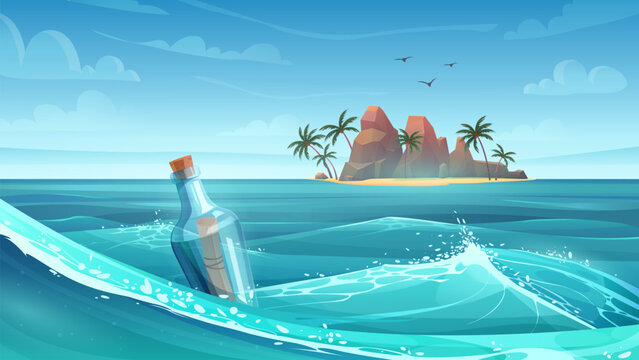 Tropical sea landscape with glass bottle floating to uninhabited island vector illustration. Cartoon scenery of tropics, paper hope message or scroll map of pirate treasure inside bottle in water