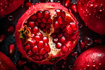Fruta granada con gotas de agua sobre un fondo oscuro. Fondo de alimentación saludable y fresca. Concepto de comida sana - obrazy, fototapety, plakaty