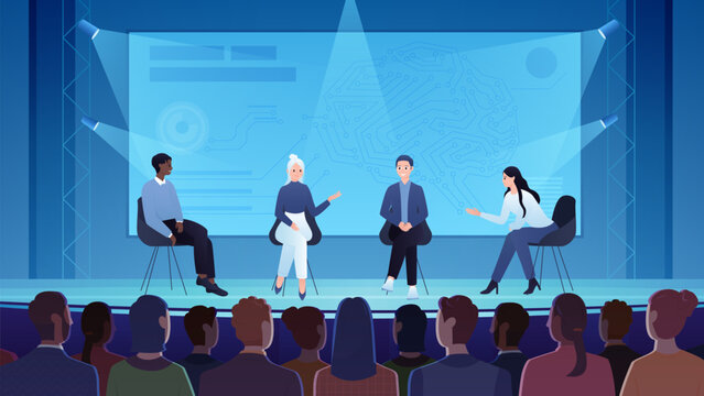 Science conference, lecture with presentation in front of audience vector illustration. Cartoon international group of scientists talk on stage, speakers explain scientific research to shareholders