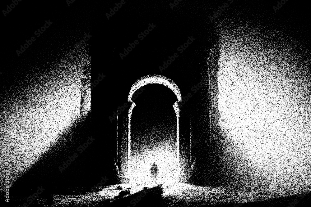 Poster Ancient ruins in sci-fi scene with dotwork retro style. Mysterious gate debris with dramatic lights and retro texture
