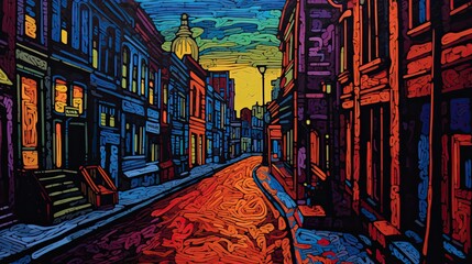 Obraz premium A vibrant and energetic city street comes to life in a captivating drawing with colorful details and expressive heavy strokes