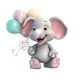3D Render of a cute elephant with balloons isolated on white background