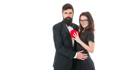 Happy relationship concept. Perfect match. Agreement and mutual understanding. Celebrate anniversary. Happy valentines day. Special day. Couple in love. Family couple. Married couple hold red heart