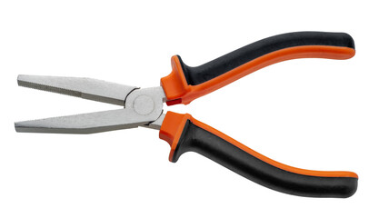 Pinze a becchi piatti con impugnature isolate in gomma arancione e nera, isolate. Pinze per...