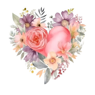Watercolor heart with flowers. Hand painted floral illustration isolated on white background.