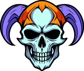 Skull sign or icon with horns. Mascot skull emblem with outline.