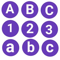 alphabet and number on the circle with white background.