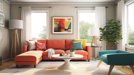 Living room of a modern apartment with two identical sofas. Generative ai