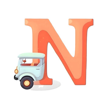 N letter with tuk tuk car. Cartoon vector illustration.