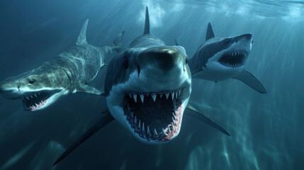 Group of Hungry Sharks Preparing for an Attack. Wide angle dynamic scene. Generative AI
