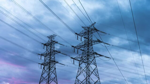 Evening glow, colorful clouds, beautiful sunset, transmission tower, power facilities