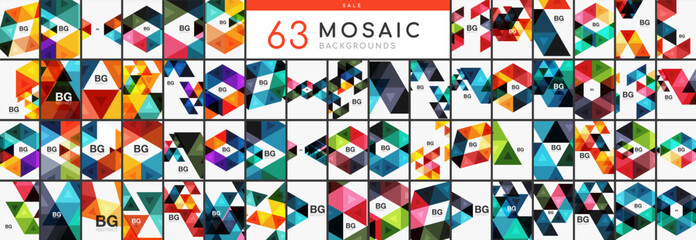 Obraz premium Mega collection of triangle mosaics. Elements bundle for wallpaper, banner, background, landing page, wall art, invitation, print, posters