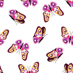 Seamless bright pattern with beautiful flying butterflies on a white background. Vector graphic.