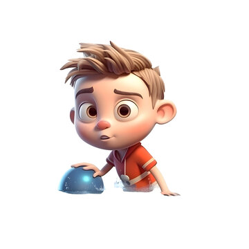 3d render of a boy swimming in the water with a ball