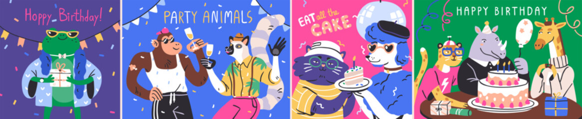 Happy birthday greeting cards with cute animals at party. Funny characters friends at holiday celebration with cake and gifts. Trendy festive postcards. Colorful flat vector cartoon illustrations set © Good Studio