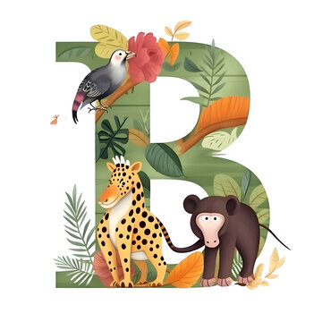 Alphabet B with wild animals and leaves. Cartoon vector illustration.