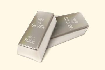 Two Silver bars on isolated background. 500gm Silver Ingot. 3D Render. Vector illustration.