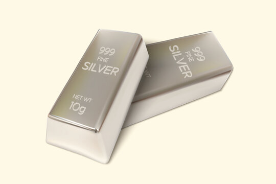 Two Silver bars on isolated background. 10gm Silver Ingot. 3D Render. Vector illustration.