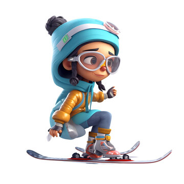 3D Render of a Little Girl Snowboarder with Snowboard