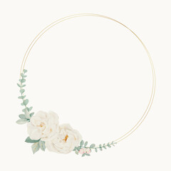 White Rose Floral Wreath. DIY gold border with white flowers. Watercolor Floral Card. Elegant wedding decoration isolated on white background.