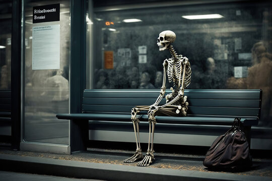 Ai generated illustration Skeletons sitting and waiting