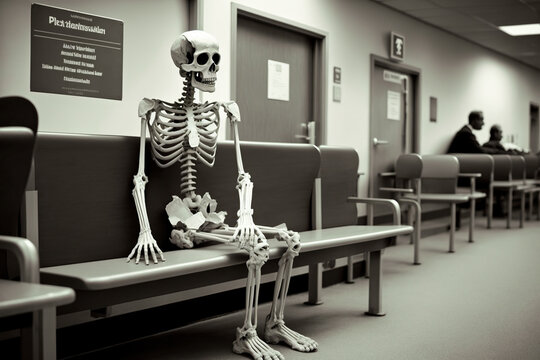Ai generated illustration Skeletons sitting and waiting at hospital