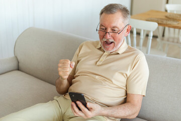 Middle aged senior man euphoric winner with smartphone. Older mature grandfather looking at cell...