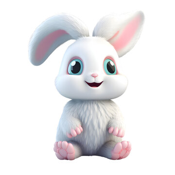 Cute cartoon rabbit sitting on white background. 3D rendering.