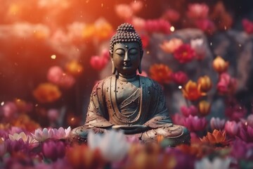Buddha statue with colourful flowers. Mediation and devotion concept. Generative AI