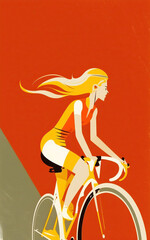 Ai generated illustration mid century art style of female cyclist