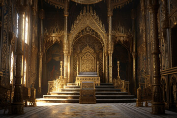 Throne room in a medieval castle. Throne intricate designs the walls and ceiling. Generative AI