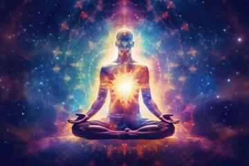 Fototapeta na wymiar Meditation and spiritual practice, expanding of consciousness, body activation. Generative AI