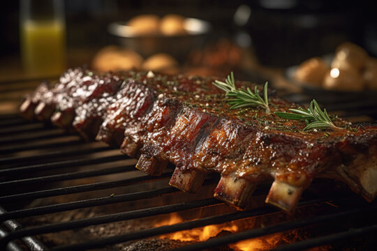 Costata di manzo. Grilled or pan fried pork chops on the bone with garlic and rosemary. Generative AI