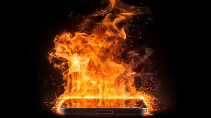 Igniting smartphone. Mobile device engulfed in flames. Generative AI